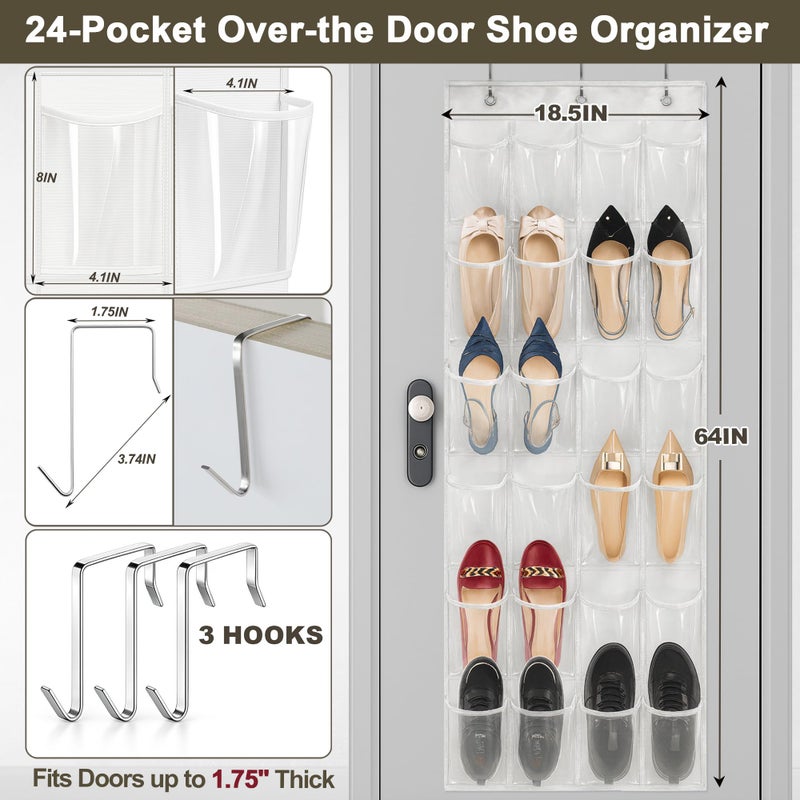 Bofoho Over The Door Shoe Organizer with 24 Clear Pockets and Metal Hooks â€“ Heavy Duty Hanging Shoe Storage Rack for Closet, Bathroom, Dorm â€“ Space Saving Organizer for Shoes, Accessories, Toys (White) - Image 4